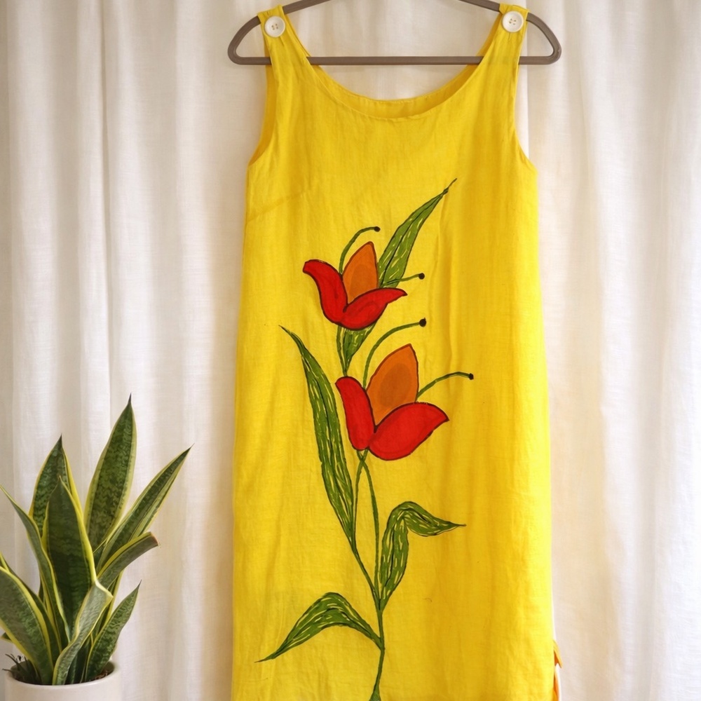 Vintage Hand-Painted Yellow Floral Shift Dress
